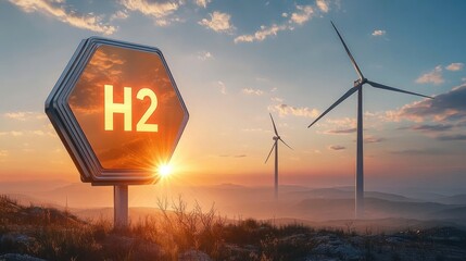 Hexagonal H2 sign on a hill with wind turbines at sunrise over misty rolling hills, serene hopeful clean energy scene