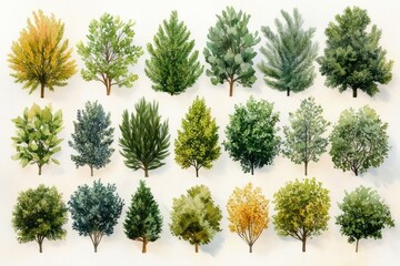 Twenty-eight watercolor tree and shrub illustrations arranged in four neat rows on white paper, a serene botanical study showcasing varied foliage and seasonal greens