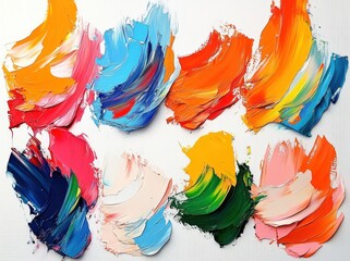 nine thick impasto paint swatches in vivid colors on white canvas with bold palette knife textures conveying energetic joyful creativity