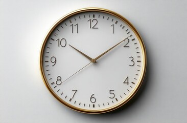 elegant round wall clock with gold rim and white face showing 10:10, minimalist clean interior detail conveying calm refined punctuality