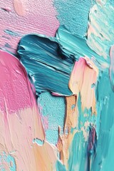 Close-up of thick impasto pastel paint on canvas: teal, pink, peach and cream palette knife strokes conveying playful, soothing and tactile energy