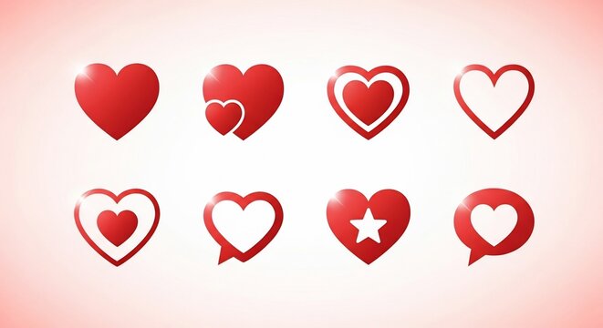 A collection of various red heart icons and symbols with different styles on a light red background.
