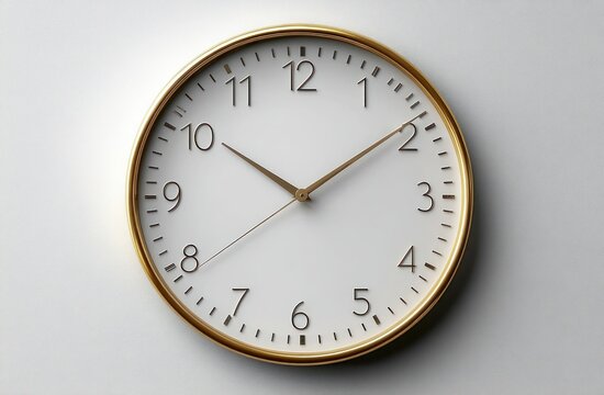 elegant round wall clock with gold rim and white face showing 10:10, minimalist clean interior detail conveying calm refined punctuality