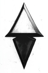 Minimalist black and white composition of two three-dimensional triangular shapes joined tip to tip with sharp edges, stark symmetry and dramatic tension