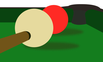 Cartoon Billiards Illustration with Cue Stick and Red Ball on Green Table