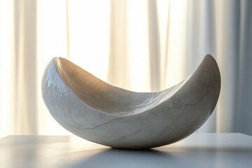 smooth crescent marble bowl on a table with backlit neutral curtains, minimalist sculptural decor bathed in warm soft light conveying a serene elegant calm