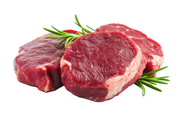 Fresh cuts of premium beef steaks garnished with aromatic rosemary sprigs. displayed on a clean white background. perfect for culinary presentations or food photography