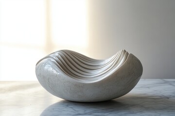 smooth white sculptural bowl with layered curved ridges on a marble tabletop bathed in soft window light, minimalist centerpiece conveying calm and serene mood