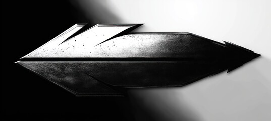 sleek angular metallic arrow emblem on split black and white background conveying sharp tension and forward motion