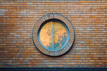 Circular porthole window set in warm orange brick wall reflecting trees and golden sunset light, centered serene urban facade