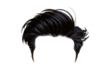 A stylish and voluminous hairstyle featuring dark. glossy hair with dynamic movement. suitable for fashion photography or hair styling inspiration in a minimalist setting