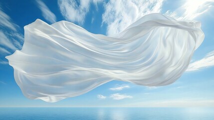 billowing white fabric floating above a calm sea under a bright blue sky with soft clouds, conveying a tranquil airy and peaceful mood
