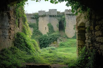 moss-covered stone archway and overgrown passage opening onto sunlit green field, serene and slightly mysterious atmosphere