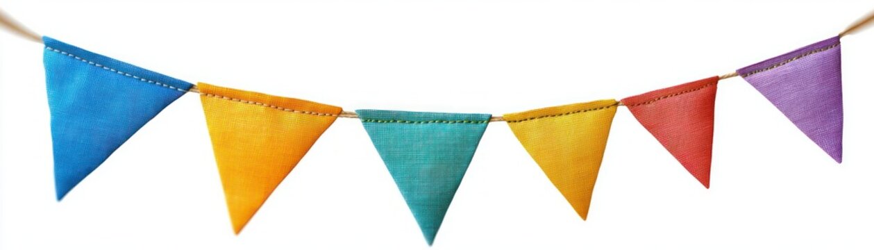 colorful triangular fabric bunting flags stitched on a string over a white background, cheerful festive party decoration
