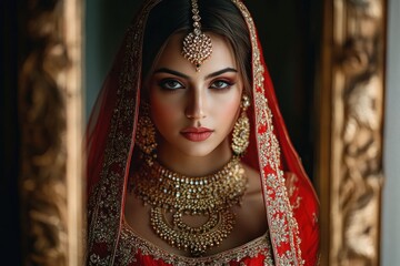 regal bride in red embroidered veil with ornate layered gold necklace and traditional head ornament, poised and elegant in a formal ceremonial portrait