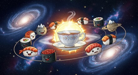A whimsical space scene featuring sushi planets orbiting a central teacup sun shining brightly