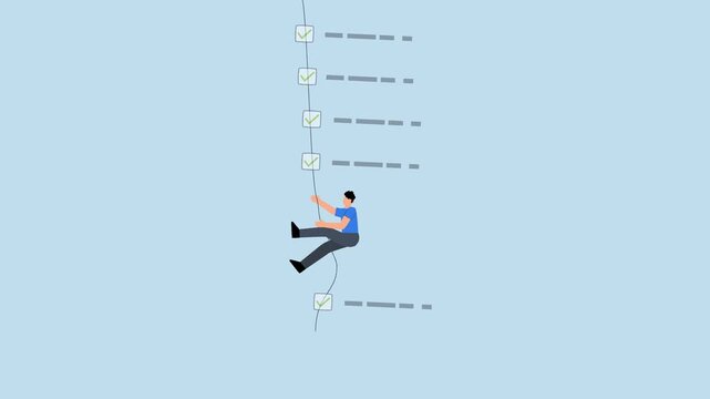 Finish checklist or todo list - Finish checklist or todo list, 4k animation entrepreneur ascending rope while marking off tasks on work list.