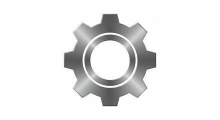 A detailed close-up of a metallic silver gear or cogwheel icon, representing settings, mechanics, or industry on a plain white background.