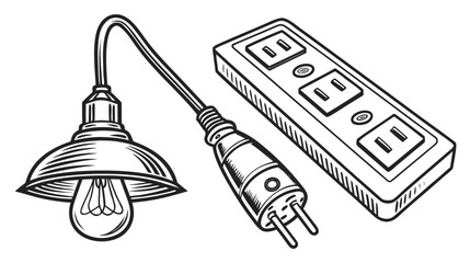 Vintage Electrical Icons – Light Bulb, Switch, Outlet & Power Strip Illustration