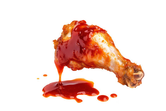A crispy. golden-brown fried chicken drumstick dripping with rich. red barbecue sauce on a clean white background. perfect for food photography and culinary advertisements