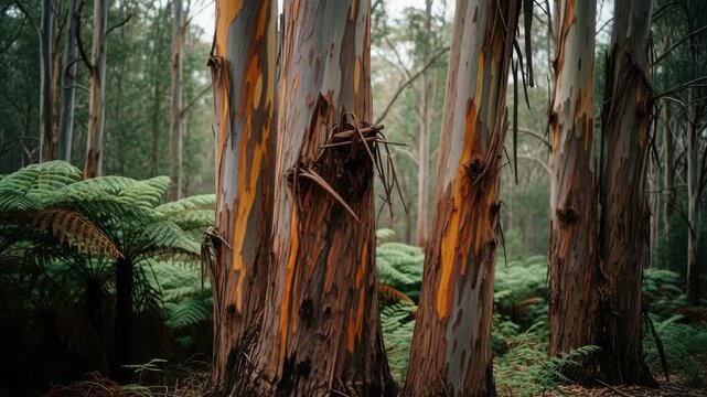 Vibrant eucalyptus trees with colorful peeling bark stand tall in a lush green forest. Abundant ferns cover the forest floor, creating a serene natural woodland environment
