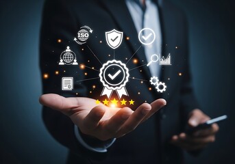 Business man holding quality assurance and certification icons in his hand