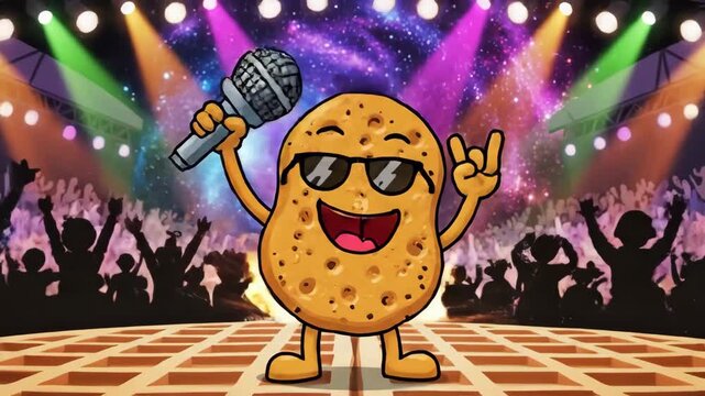 Animated potato character singing on stage with spotlights and audience crowd