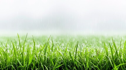 A close-up view of vibrant green grass blades glistening with raindrops, set against a soft, misty background of falling rain.