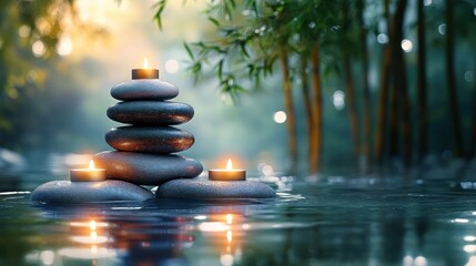 Obraz premium stacked smooth stones with three glowing candles floating on calm water beside bamboo, soft golden light and tranquil reflections conveying peaceful serenity