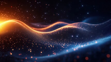 glowing orange and blue particle waves forming a flowing mesh grid over a dark starry background, evoking a futuristic serene sense of motion