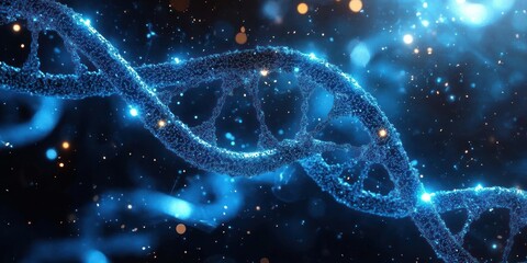 Glowing blue DNA double helix made of tiny sparkling particles with floating luminous bokeh, conveying awe and futuristic scientific mystery