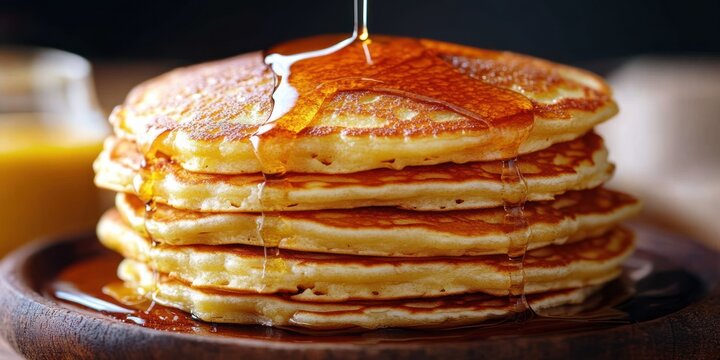Close-up stack of fluffy golden pancakes drenched in pouring maple syrup on a wooden plate, warm and inviting breakfast indulgence
