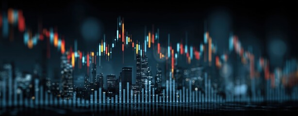 Urban Financial Data Visualization with Colorful Charts and City Skyline at Night