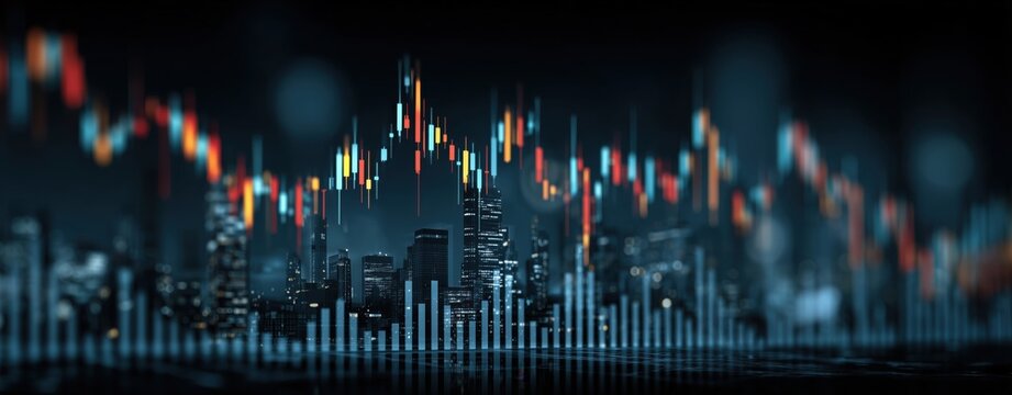 Urban Financial Data Visualization with Colorful Charts and City Skyline at Night - Powered by Adobe