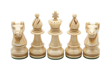 A close-up view of intricately carved wooden chess pieces. featuring a knight. bishop. queen. rook. and another knight. arranged neatly on a white background. ideal for chess enthusiasts and game prom