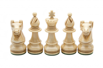 A close-up view of intricately carved wooden chess pieces. featuring a knight. bishop. queen. rook. and another knight. arranged neatly on a white background. ideal for chess enthusiasts and game prom