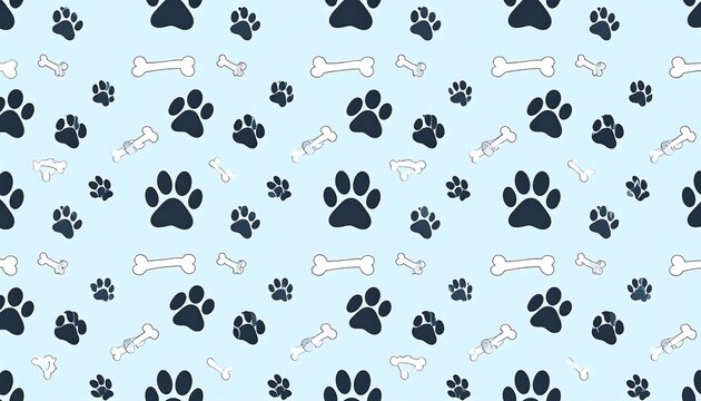A whimsical, repeating pattern of dark blue paw prints and white bone shapes scattered on a light blue background