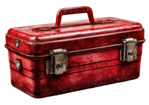 Old, red, worn metal toolbox with a handle and latches