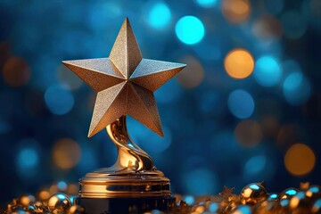 gold star trophy on polished base surrounded by small golden baubles and tiny stars against a blue bokeh background, evoking celebration and achievement