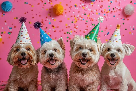 four small fluffy dogs wearing colorful party hats sit together against a pink confetti backdrop, smiling joyfully and looking playful and celebratory - Powered by Adobe