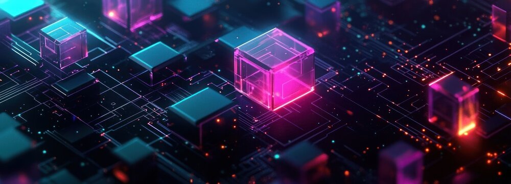 Glowing neon transparent and solid cubes on a dark circuit board with pulsing lines and floating sparks, conveying futuristic energy and mysterious digital wonder