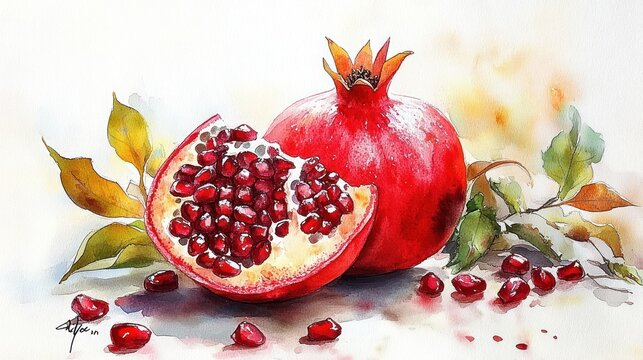 watercolor still life of a whole and halved pomegranate with scattered ruby seeds and green leaves, vibrant juicy and warm botanical fruit composition