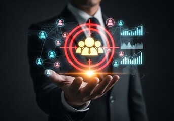 Businessman targeting customers with digital network and analytics