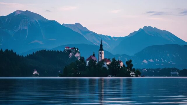 Scenic view of lake bled featuring the iconic island church and historic castle. Majestic mountains frame the tranquil waters at twilight. A popular european travel destination