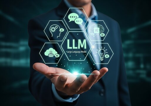 Businessman holding llm concept with technology icons in his palm