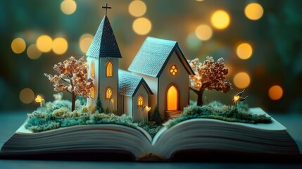 Obraz premium Glowing miniature church with steeple and cross rising from an open book, surrounded by tiny trees, moss and warm bokeh lights — a cozy whimsical magical storybook scene