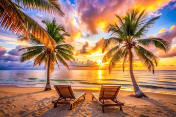 Golden sunset lights calm sea as palm trees frame two lounge chairs on a sandy beach. A peaceful tropical scene perfect for vacation, travel, and lifestyle imagery.