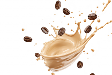 A dynamic splash of creamy coffee with coffee beans flying around. set against a clean white background. ideal for beverage advertisements or culinary blogs