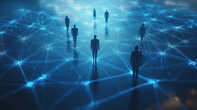 Silhouettes of people standing on a glowing blue digital network of interconnected nodes, evoking futuristic connectivity and quiet isolation