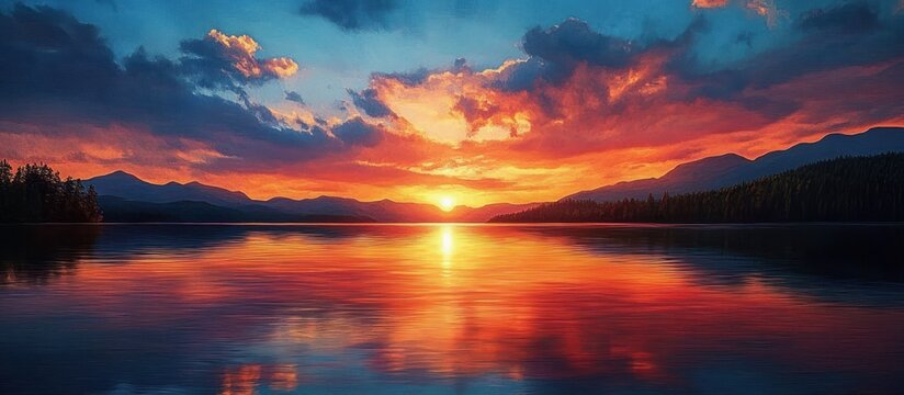 Fiery sunset over a mountain lake with forested shores and dramatic colorful clouds reflected on calm water, serene peaceful atmosphere